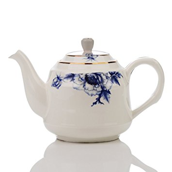 Porlien Elegance Collection Blue Floral Porcelain Bamboo Designed Teapot Trimmed in Gold with Infuser for Loose Tea, 33.5 Oz, Service for 5, Perfect for Teatime, Tea Party & Home Décor