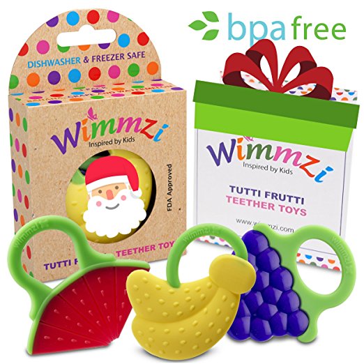 Baby & Infant Teething Pain & Gum Soreness Relief Educational Toy Massaging Teethers Set Of 3 By WIMMZI – Premium Quality, Durable, Food Grade, BPA Free, Silicone – Fruit Patterns, Ergonomic Ring Design – Striking Colors - Freezer & Dishwasher Safe