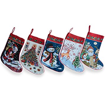 18" Set of 5 Santa, Snowman, Reindeer & Tree Christmas Stockings