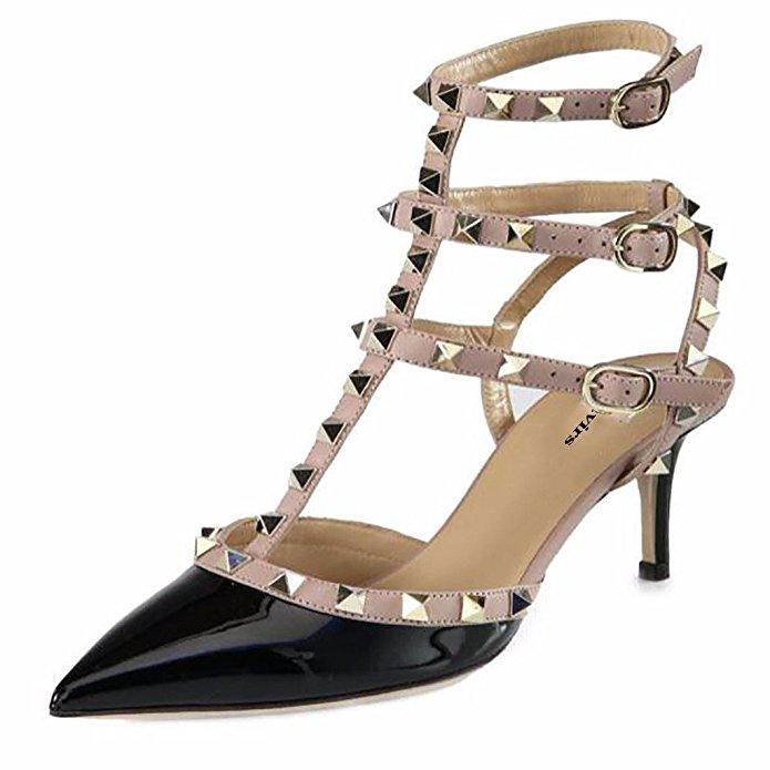 Mavirs Women's Cyjk Pointed Toe Ankle Strap Pumps T-strap Mid Heel Rivets Studded Shoes