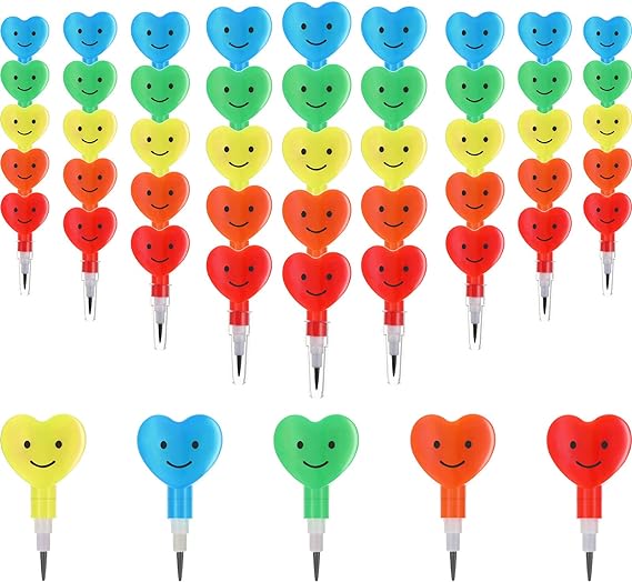 Zonon 36 Pieces Valentine Pencils Stackable Heart Pencils Plastic Stacking Heart Pencil Valentine's Day Cute Smile Face Pencil, Home School Stationery Party Favors for Kids(Colorful)