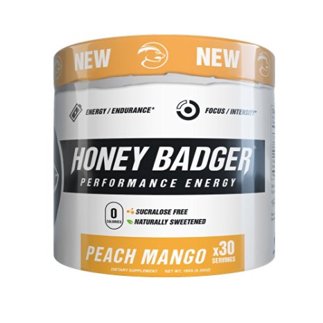 Honey Badger Performance Energy with CarnoSyn ® Beta-Alanine (Peach Mango / 30 Servings / Sucralose Free / Naturally Sweetened / Pre-Workout)