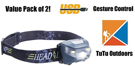 2 Packs 2017 Newest TuTu Outdoors Bright Flash Cree LED Headlamp Gesture Control Switch 500 lumens 300 Yards Rechargeable Lightweight 2.4 oz Waterproof 30 Hours Running Camping Hiking Everyday
