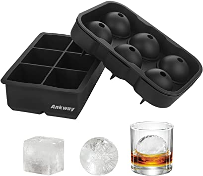 Ankway Large Ice Cube Trays Silicone Set of 2, Easy Release Reusable BPA Free Silicone Ice Cube Molds Square & Sphere Round Ice Ball Maker for Whiskey Drinks Cocktails Beverages and Scotch Black