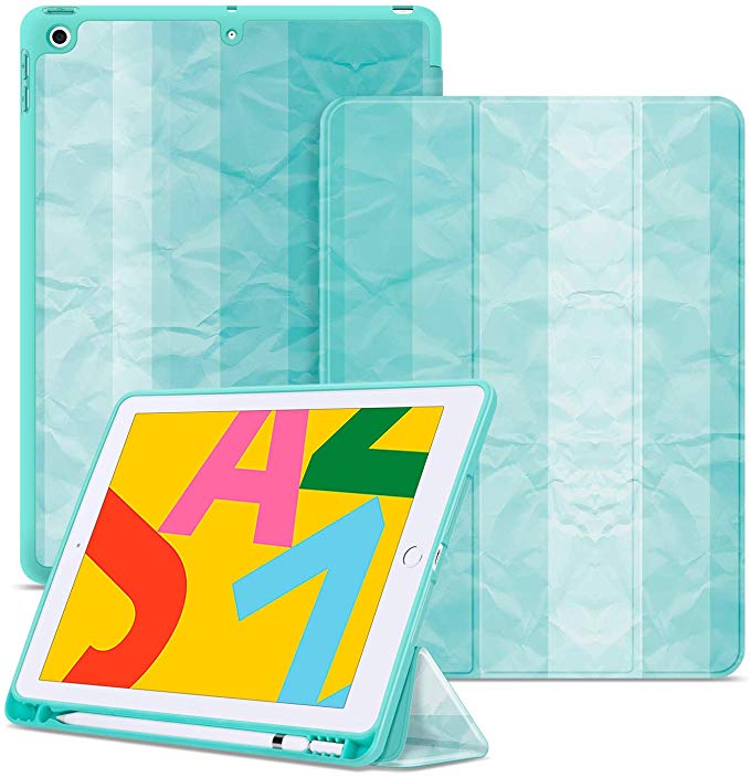 Ayotu Soft Case for New iPad 7th Generation 10.2" 2019, Auto Sleep/Wake Slim Lightweight Trifold Stand Case with Pencil Holder,Soft TPU Back Cover for Apple iPad 10.2 inch 2019 Version,The Mint Green