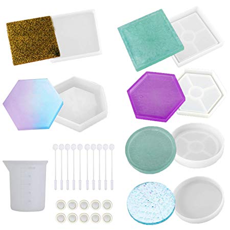 Resin Molds for Coasters,6 Pack Silicone Molds Kit for Casting Epoxy Resin UV Resin,Include Round, Hexagon and Square,with Resin Mixing and Measuring Tools