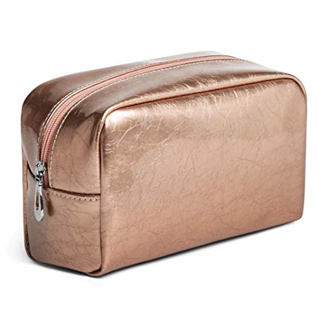 Makeup Bag, PU Leather Cosmetic Bag Clutch Make-up Pouch Waterproof Toiletries Bag for Travel Bathroom Storage, Rose Gold