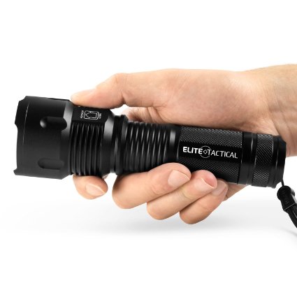 Elite Tactical® Pro 300 Series Tactical Flashlight - Best, Brightest & Most Powerful 1200 Lumen Military Grade Rechargeable LED CREE Searchlight w/ Zoom For Self & Home Defense - Waterproof - Black