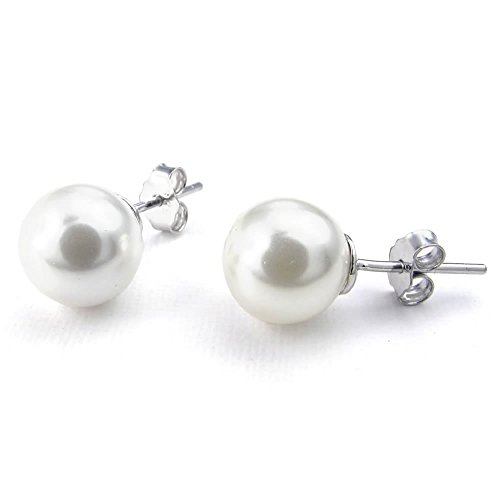 Konov Jewelry Womens Venetian Pearl 925 Sterling Silver Classic Stud Earrings Set, Silver, with Gift Bag, C24281