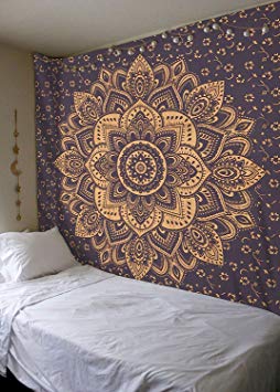 Madhu International Grey Gold Passion Ombre Mandala Tapestry, Boho Mandala Tapestry, Wall Hanging, Gypsy Tapestry, 84 X 54 inches