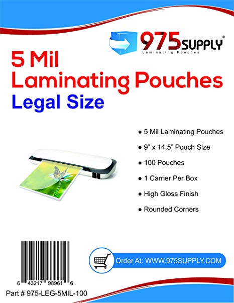 975 Supply 5 Mil Clear Legal Size Thermal Laminating Pouches, 9 X 14.5 inches, 100 Pouches