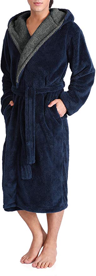 DAVID ARCHY Men's Hooded Fleece Plush Soft Shu Velveteen Robe Full Length Long Bathrobe