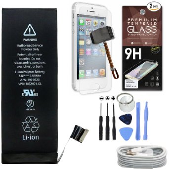 iPhone 5S & 5C Battery Repair Kit - Complete Replacement Set – Includes Tools – [Set of 2] Glass Screen Protectors Pack – Best Quality USB Cable – Original OEM New Apple Batteries – A1533 - 1560mAh