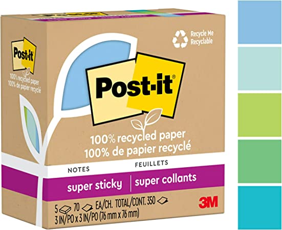 Post-it 100% Recycled Paper Super Sticky Notes, 2X The Sticking Power, 3x3 in, 5 Pads, 70 Sheets/Pad, Oasis Collection (654R-5SST)