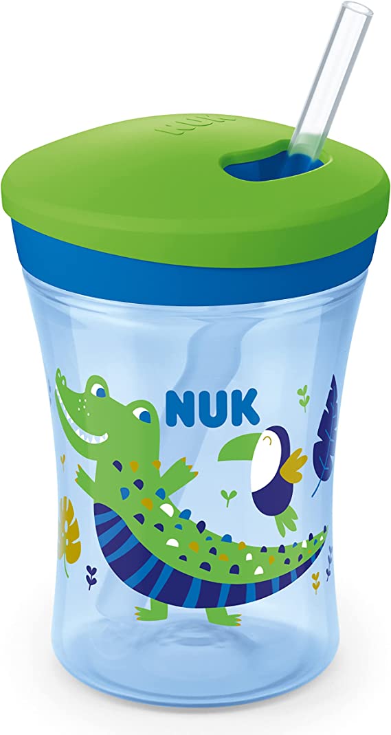 NUK Action Cup Toddler Cup with Chameleon Effect, 12  Months, Colour Changing, Twist Close Soft Drinking Straw, Leak-Proof, BPA-Free, Crocodile, Green, 230 ml