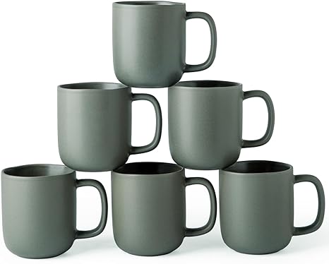 AmorArc 14oz Coffee Mugs Set of 6, Ceramic Coffee Mugs with Large Handle & Wavy Rim for Latte/Hot Cocoa/Tea, Stylish Coffee Mugs for Men Women. Dishwasher&Microwave Safe, Matte Greenish-Gray