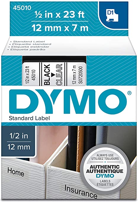 DYMO Authentic D1 Label l DYMO Labels for LabelManager, COLORPOP and LabelWriter Duo Label Makers, Great for Organization, Indoor and Outdoor Use, ½” (12mm), Black Print on Clear Tape, Water Resistant