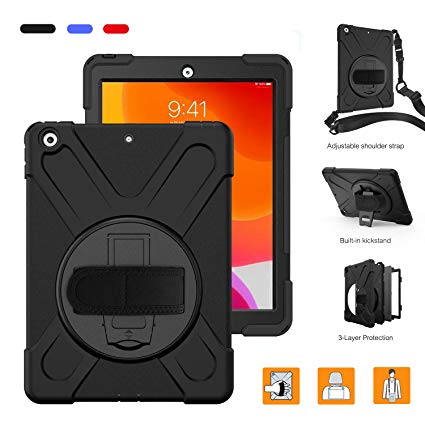 iPad 10.2 2019 Case, iPad 7th Generation Heavy Duty Shockproof Case,with Rotatable Stand, Hand Strap and Shoulder Belt, for iPad 10.2 inch 2019 Model A2197/A2198/A2200 - Black