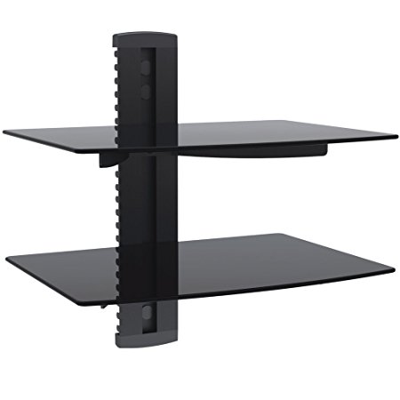 VonHaus 2-tier Floating Black Shelves with Flat Black Wall Mount Bracket and Strengthened Tempered Black Glass | for DVD Player, Sky/Virgin Box, Games Consoles, TV Accessories, Speakers and More