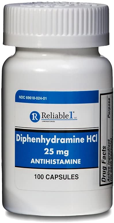 Diphenhydramine 25 mg Generic Benadryl Allergy Medicine and Antihistamine 100 Capsules per Bottle Pack of 2