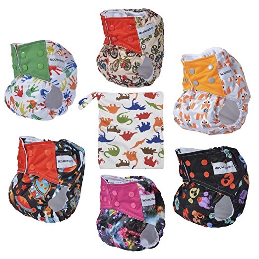 Cloth Diapers,All-in-one Shell-Snap Reusable Diaper Cover, Adjustable Size Fits Newborn Infants to Toddlers,6 Pcs   6 Built-in Inserts   1 Diaper Wet Bag