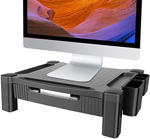 HUANUO Adjustable Monitor Stand Riser with Pull Out Drawer for Computer, iMac, PC, Printer, Laptop with Pencil Holder,Tablet & Phone Holder, Cable Management Slot