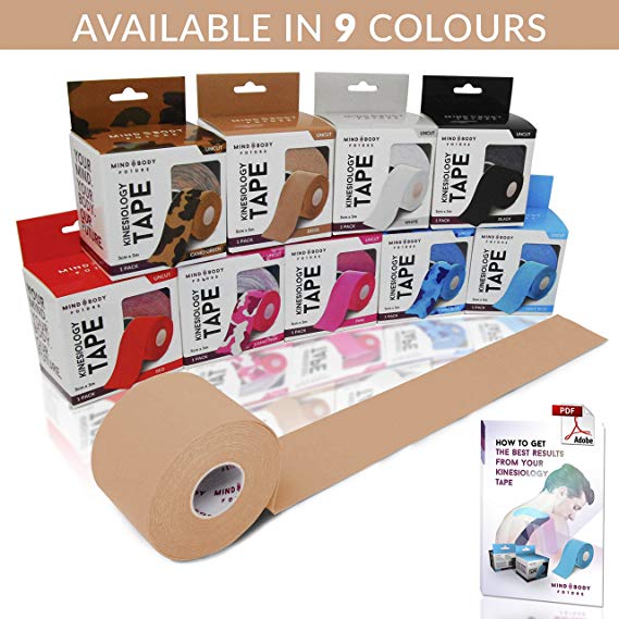 Mind Body Future Kinesiology Tape - Medical Grade Uncut 5cm x 5m Roll - Ideal for Athletic Sports Physio Strapping and Muscle Injury & Support - Includes eGuide