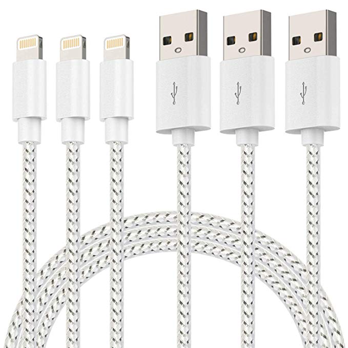 LIUWEI Phone Cable (3 Pack 3FT Silver White) Nylon Braided USB A Fast Charging Data-Sync Cord Compatible iPhone Xs/XS Max/x/8/8Plus/7/7Plus/6/6S/6S Plus/5/5S/5C/SE/iPad/iPod Other Series