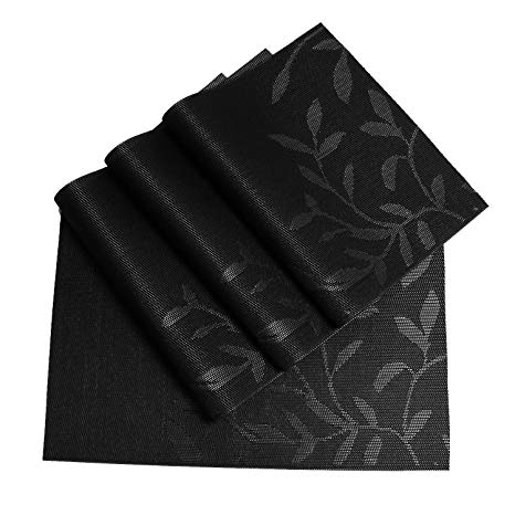 SHACOS 4 pcs Placemats for Dining Table Black Floral Placemat Heat Insulation Table Mats Washable Set of 4 (Black Leaves)