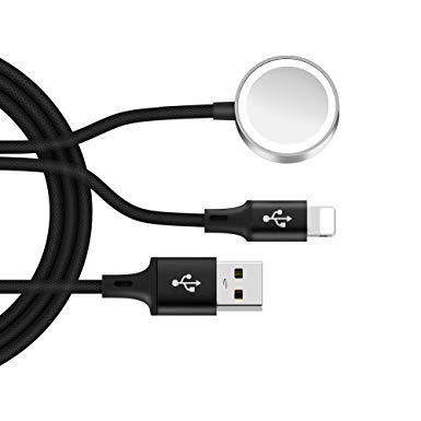 Accocam Watch Charger Magnetic 2 in 1 Wireless Braided Charging Cable Compatible with iWatch Series 5/4/3/2/1 iPhone 11/11Pro/Xr/Xs/8/8P Black 3.3ft…