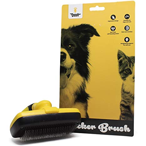 Thunderpaws Self Cleaning Pet Slicker Brush - Gently Remove Knots, Tangles and Loose Undercoat From Dogs and Cats - Easy To Use With Ergonomic Design