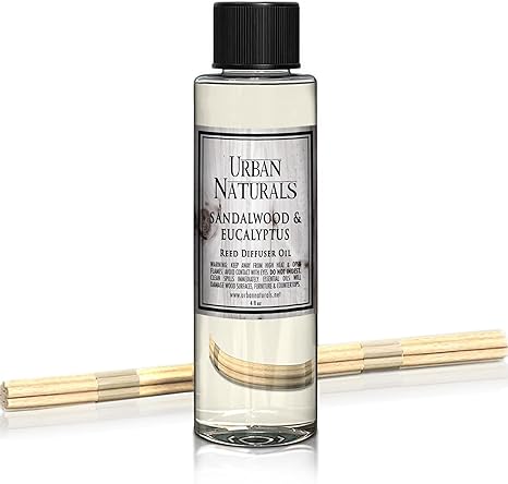 Urban Naturals Sandalwood & Eucalyptus Reed Diffuser Refill Oil | Aromatic Home Air Freshener Made with Essential Oils | Includes a Free Set of Reed Sticks! 4 oz Made in The USA