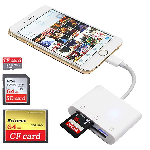 CF Card Reader for iPhone/iPad/iPad pro, Digital Camera Reader Adapter, Trail Game Camera Viewer for iPhone Xs Max/Xs/X/8 Plus/8/7 Plus/7/iPad Mini/Air, SD/TF/CF Card Reader, No App Require