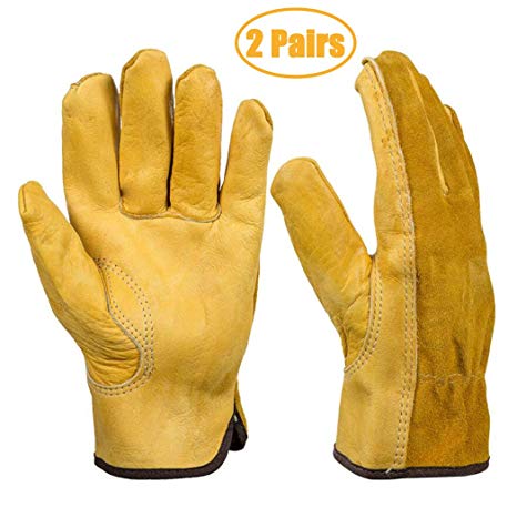 Heavy Duty Gardening Gloves, Xndryan 2 Pairs Breathable and Flexible Garden Work Gloves for Men, Women, Durable Leather Safety Work Gloves for Garden, Yard, Mechanic, Welding (Medium)