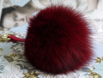 AURORA168 Red Burgundy Big Fluffly Real Fox Fur Pom Pom Doll Ball Keyring / Bag Charm Gold Ring