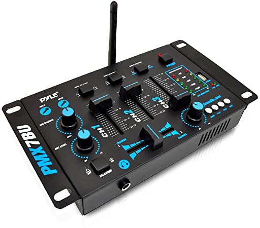 Wireless DJ Audio Mixer Machine - 3 Channel Bluetooth Compatible DJ Controller Sound Mixer System with Mic-Talkover, USB Reader, Dual RCA Phono/Line In, Microphone Input, Headphone Jack - Pyle PMX7BU