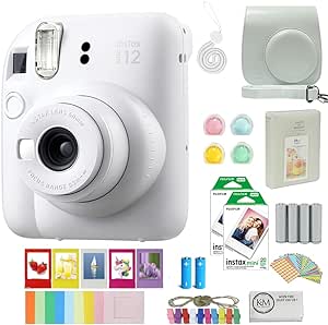 FUJIFILM INSTAX Mini 12 Instant Film Camera | Clay White Bundled with INSTAX Mini Instant Film |40 Exposures   Instax Accessory Bundle   AA Batteries   Cleaning Cloth (10 Items)