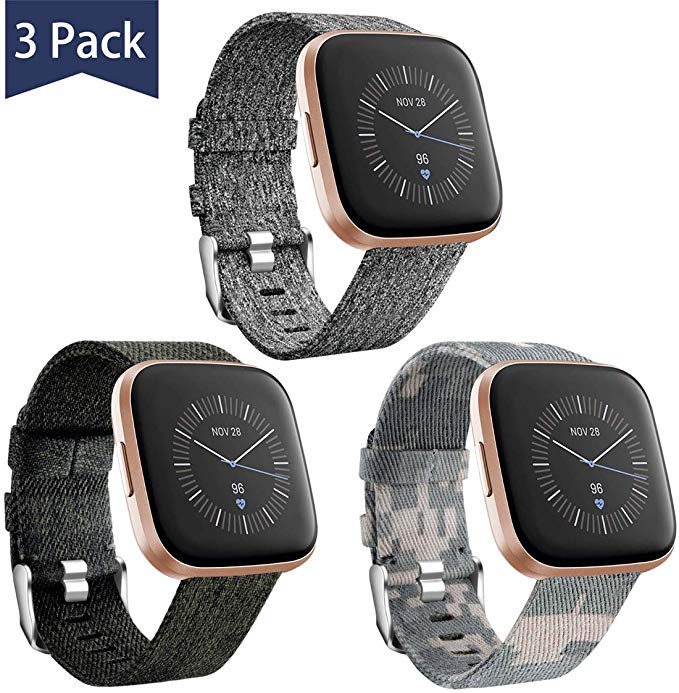 Maledan Bands Compatible with Fitbit Versa/Versa Lite/Fitbit Versa 2 for Men Women Small, Breathable Woven Fabric Strap Replacement Watch Band for Fitbit Versa, 3 Pack Charcoal/Green/Camouflage