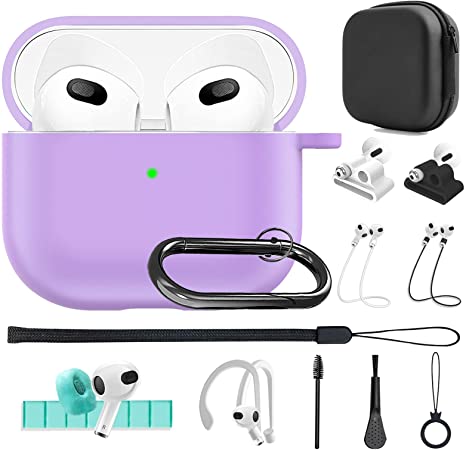 Airpods 3 Case (2021 Released),13 in 1 Silicone Cover AirPods 3rd Accessories Set kit for AirPods 3rd Charging Case with EarHook/Watch Band Holder/Carry Box/Anti-Lost Strap/Clean Kit/Keychain (Purple)