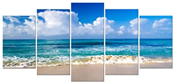 Pyradecor Seaside Modern Stretched and Framed Seascape 5 panels Giclee Canvas Prints Artwork Landscape Pictures Paintings on Canvas Wall Art for Home Decor