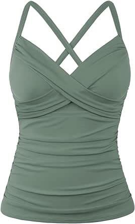 Hilor Women's Underwire Tankini Top Swimwear Twist V Neck Swimsuits for Big Busted Tummy Control Bathing Suits Top Only