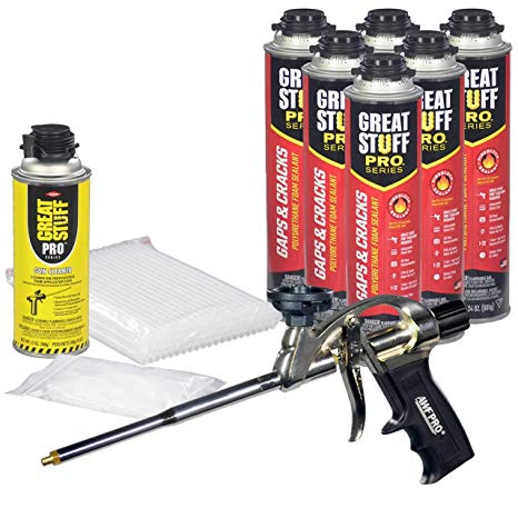 Dow Great Stuff PRO Gaps and Cracks 24 oz cans (6)   AWF Pro Foam Gun (1)  Plastic Extension Straws (100)   Plastic Tips (100)   Dow Foam Cleaner (1)