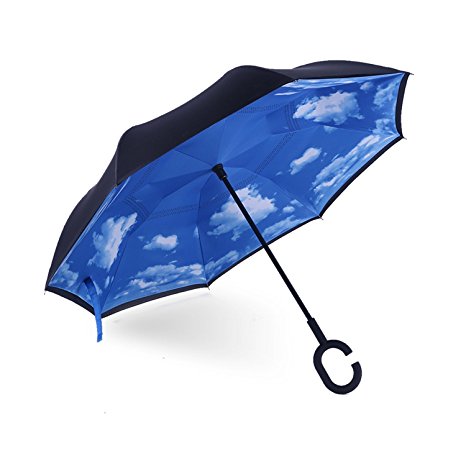 iTrunk Double Layer Reverse Folding Umbrella With C-Shaped Hands free Handle - UV Protection Windproof Waterproof for Outdoor and Car Use Blue Sky