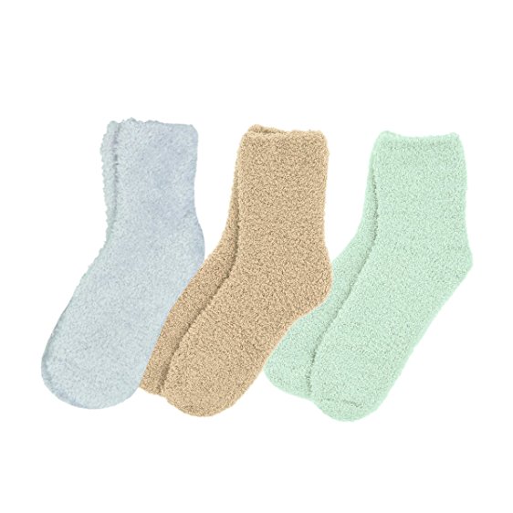 Soft Solid & Striped Winter Fuzzy Plush Socks - 3 Pairs Set, Diff Colors Avail