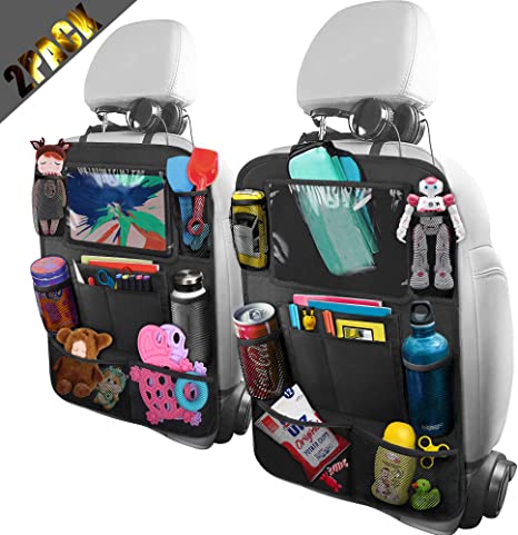 BELKA Car Backseat Organizer with 10 Inch Tablet Holder   9 Storage Pockets Car Back Seat Protectors Kick Mats for Kids Toy Bottle Drink Universal Travel Accessories for Toddlers (2 Pack) (Black)