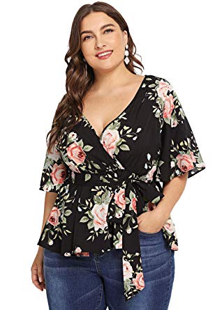 Romwe Women's Plus Size Floral Print Short/Long Sleeve Belt Tie Peplum Wrap Blouse Top Shirts