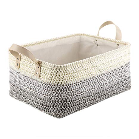MEÉLIFE Storage Basket Woven Cotton Rope Organizer Baby Nursery Laundry Hamper Leather Handles(Large)