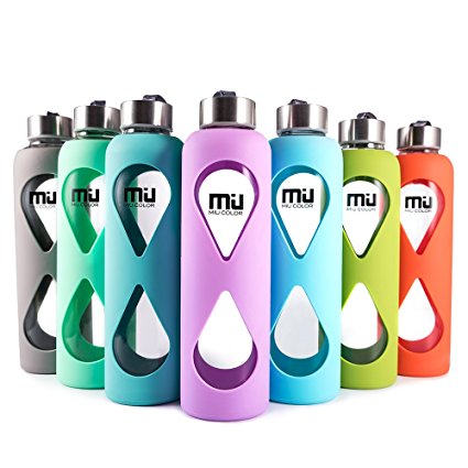 18oz Glass Water Bottle MIUCOLOR - Anti-slip Silicone Sleeve with Eco-friendly Shatter Resistant Borosilicate Glass Bottle, BPA, PVC, Plastic and Lead Free