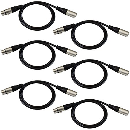 GLS Audio 3ft Patch Cable Cords - XLR Male To XLR Female Black Cables - 3' Balanced Snake Cord - 6 PACK