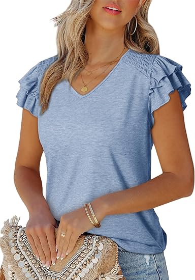 Dokotoo Women's Casual Ruffle Short Sleeve Tops Cute Solid Color Knit Ribbed T Shirts Blouses